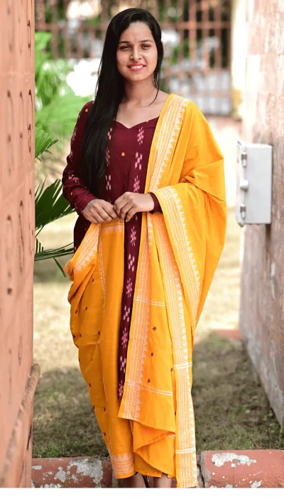 STICHED-Salwar Kameez with Dupatta, styled in a graceful maroon and yellow contrast combination.