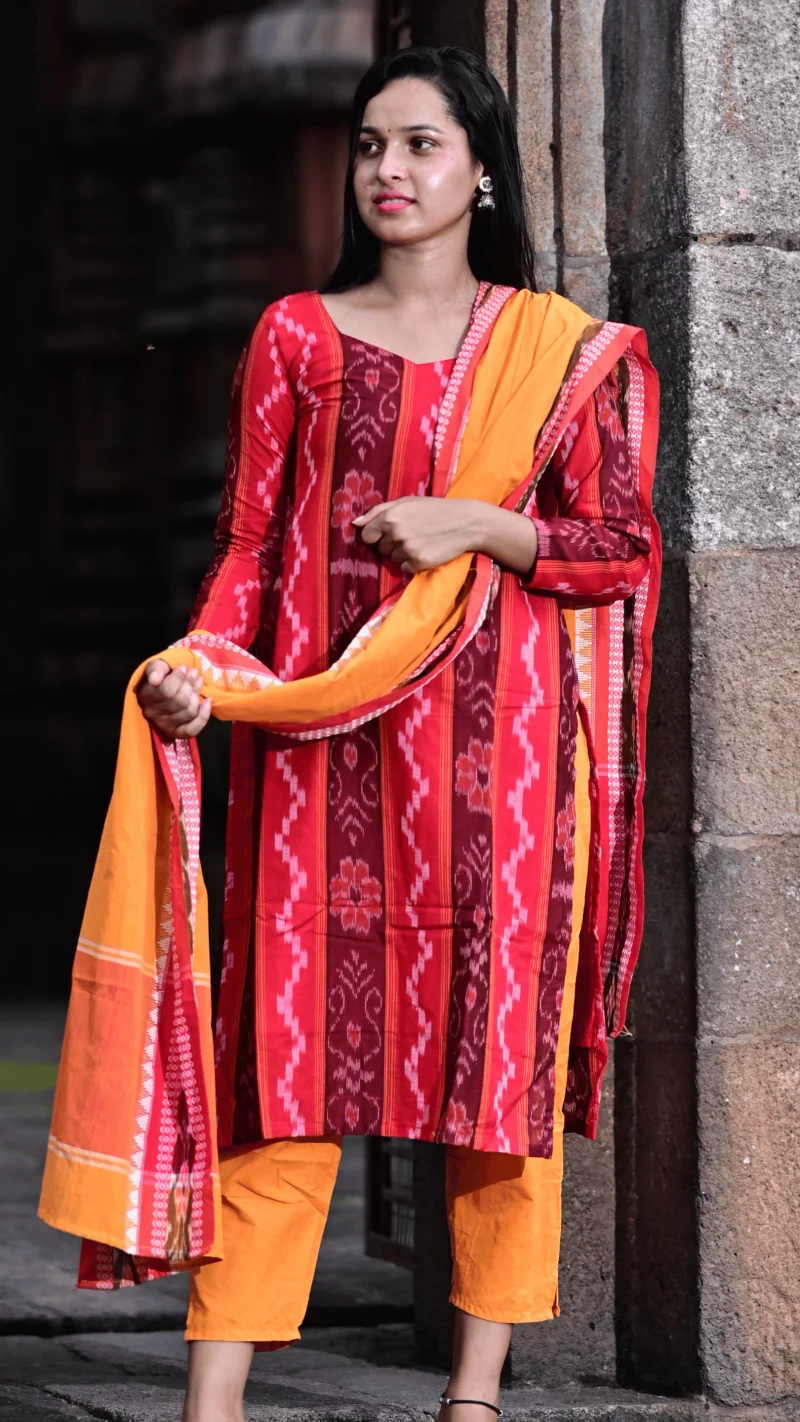 STICHED-Salwar Kameez with Dupatta, Red with maroon vertical strip Ikat-style