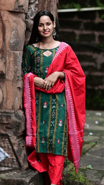 STICHED-Sambalpuri Salwar Kameez with Dupatta, Dark green color