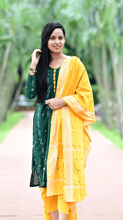STICHED-Sambalpuri Suit set deep green and bright yellow Suit set