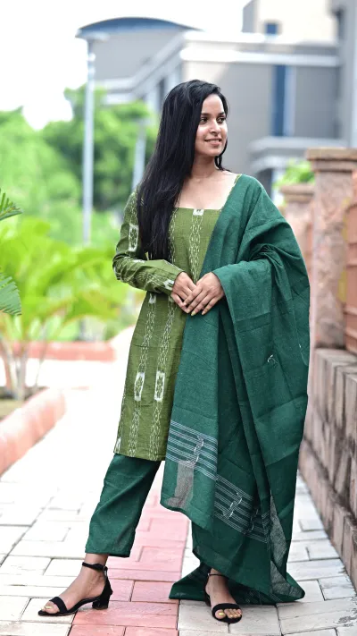 STICHED-SAMBALPURI SUIT SETS, Olive green with ikat-style woven vertical patterns in white.