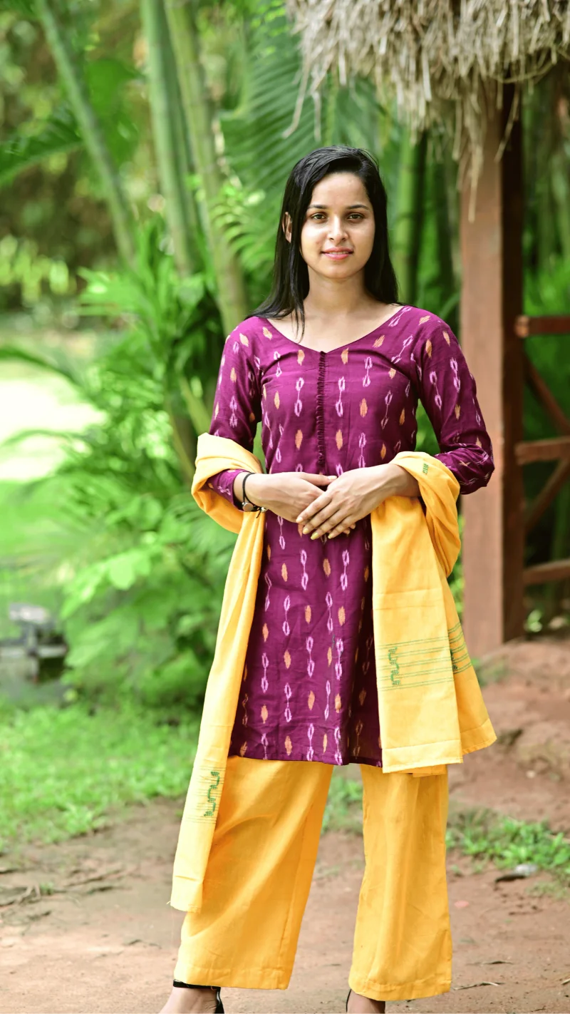 STICHED-SAMBALPURI SALWAR SETS, Deep purple (plum) with ikat-style motifs in white and mustard.