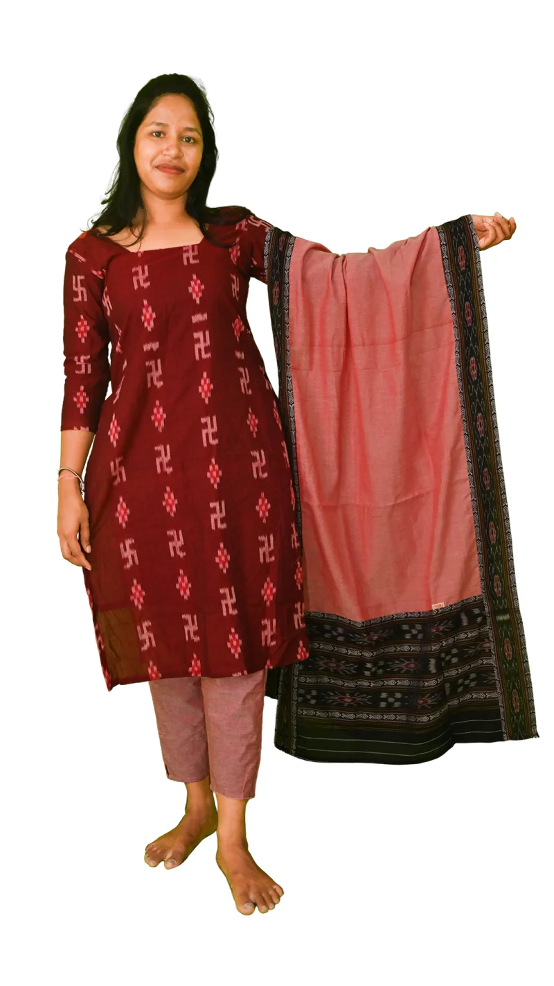Salwar Suit Set (Ethnic Ikat Style with Swastik Motifs)maroon, beige, and black combination(STITCHED)