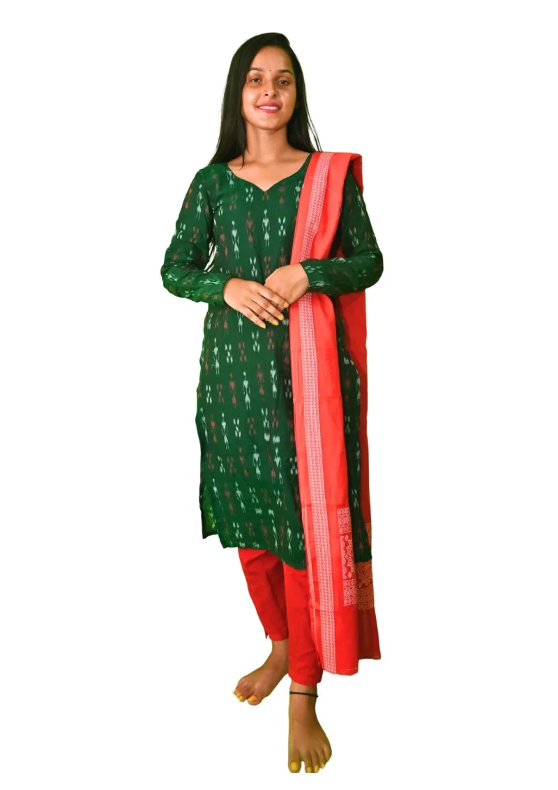 Sambalpuri Suit set Salwar Suit Set (Ethnic Ikat Style)green and red combination(STITCHED)