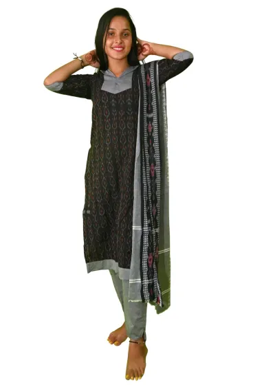 Sambalpuri Suit set Salwar Suit Set (Ethnic Ikat Style)black and grey combination(STITCHED)