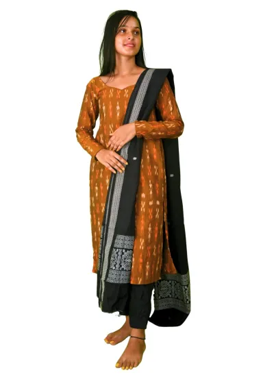 Sambalpuri Suit set Salwar Suit Set (Ethnic Ikat Style)rust brown and black combination(STITCHED)