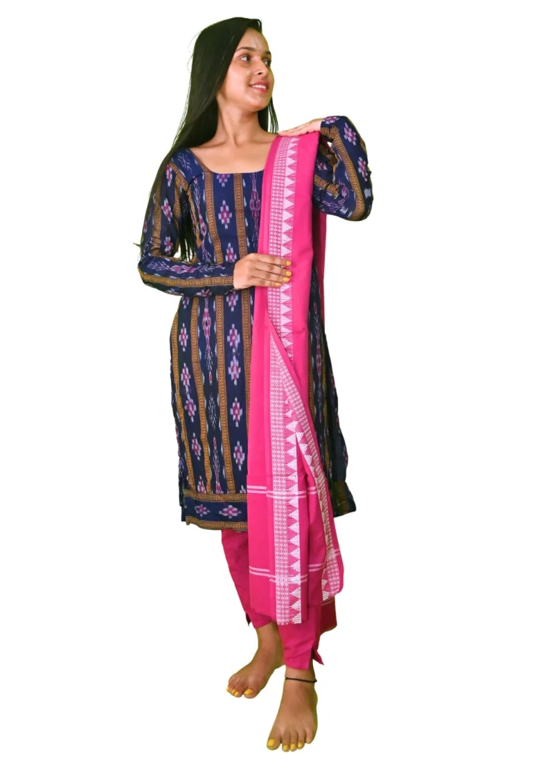 Sambalpuri Suit set Salwar Suit Set (Ethnic Ikat Style)navy blue and pink combination(STITCHED)