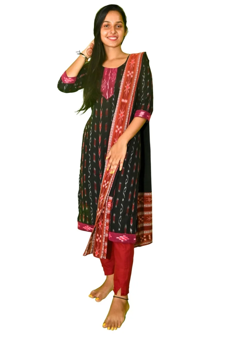 Sambalpuri Suit set Salwar Suit Set (Black Ikat with Maroon Accents)black and maroon combination(STITCHED)