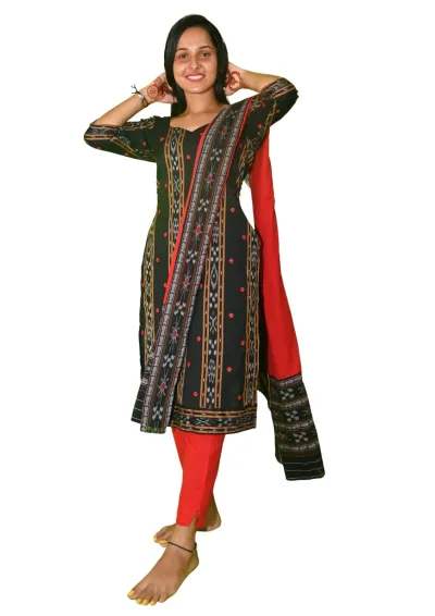 Sambalpuri Suit set Salwar Suit Set (Black & Red Ikat Cotton Ensemble)black and red combination(STITCHED)