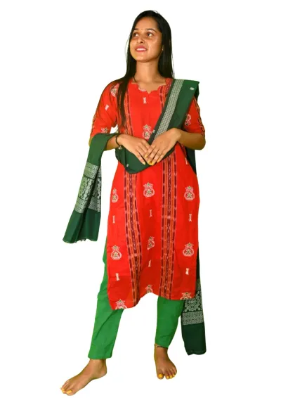 Sambalpuri Suit set Salwar Suit Set (Red & Green Ikat Cotton Ensemble)red and green color combination(STITCHED)