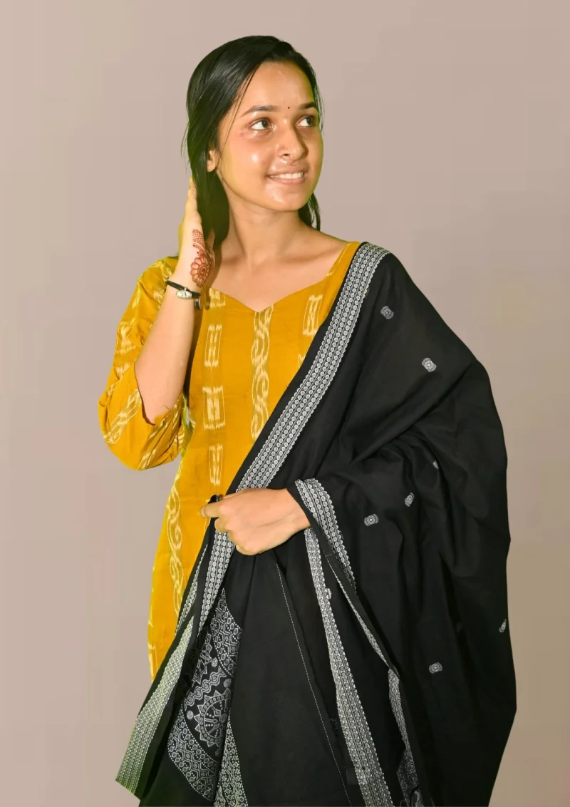 Sambalpuri Suit set Salwar Suit Set (Ikat Print with Contrasting Dupatta)mustard and black combination(STITCHED)