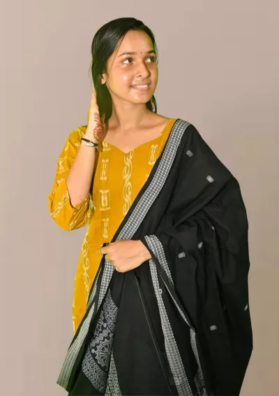 Sambalpuri Suit set Salwar Suit Set (Ikat Print with Contrasting Dupatta)mustard and black combination(STITCHED)