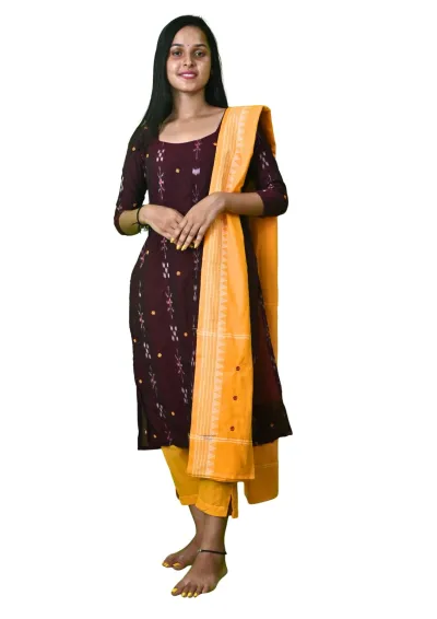 Sambalpuri Suit set Salwar Suit Set (Ikat Print with Contrasting Dupatta)mustard + black combination(STITCHED)
