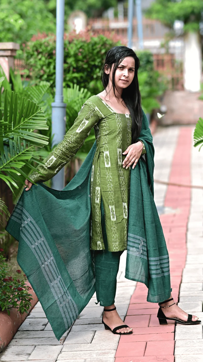 STICHED-SAMBALPURI SUIT SETS, Olive green with ikat-style woven vertical patterns in white.