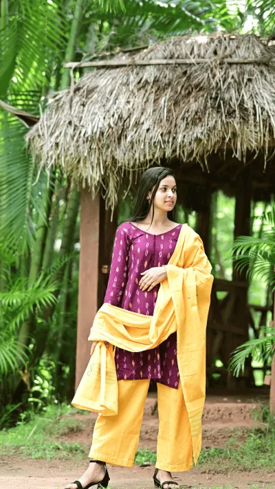 STICHED-SAMBALPURI SALWAR SETS, Deep purple (plum) with ikat-style motifs in white and mustard.