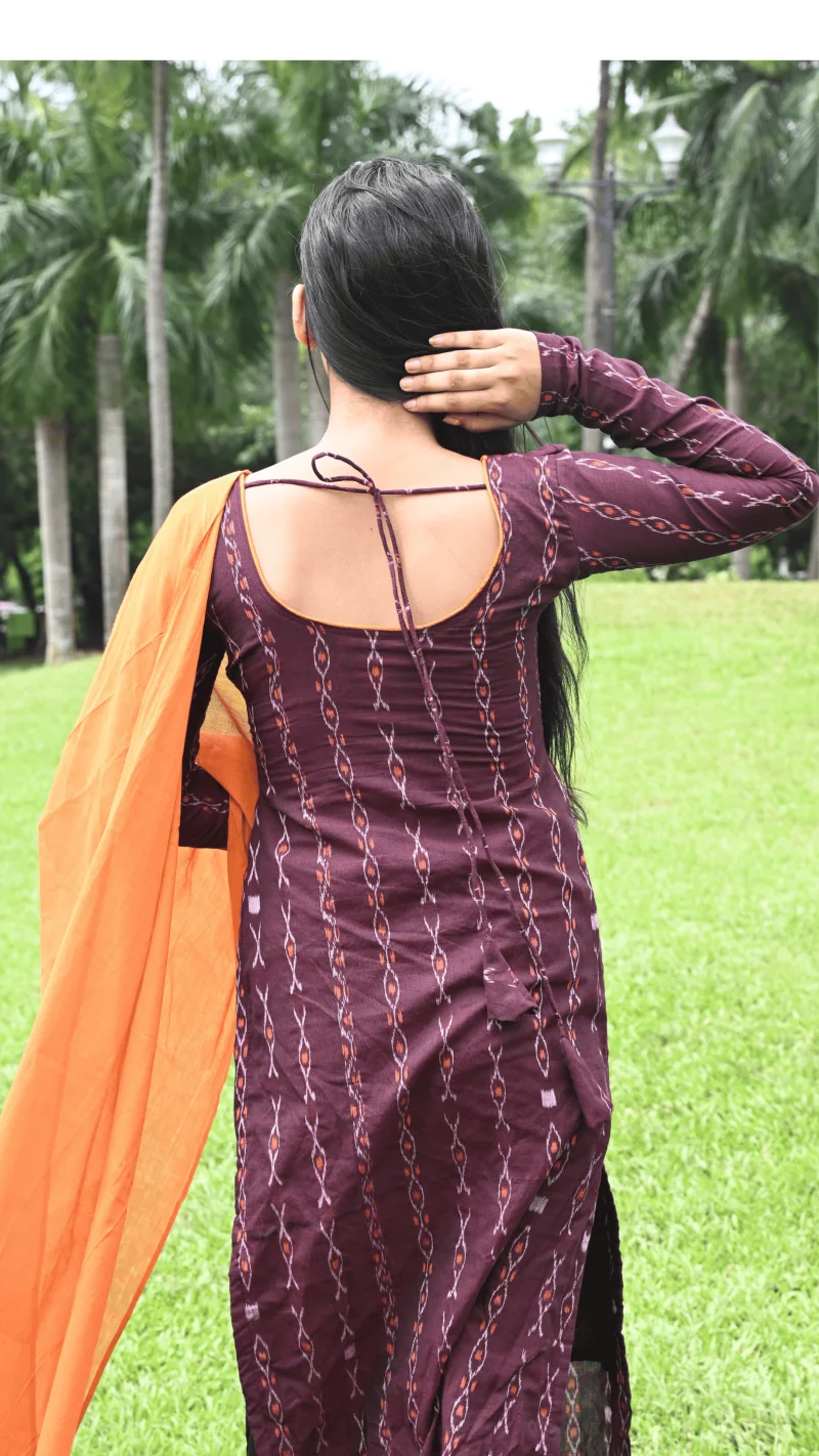 STICHED-SAMBALPURI SUITSETS,maroon–orange contrast combination.