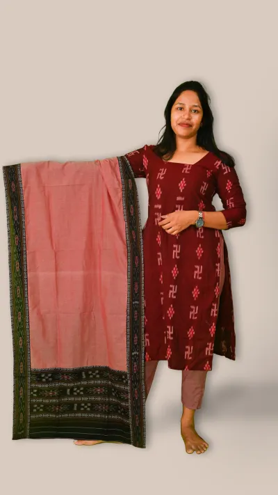 Salwar Suit Set (Ethnic Ikat Style with Swastik Motifs)maroon, beige, and black combination(STITCHED)