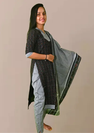 Sambalpuri Suit set Salwar Suit Set (Ethnic Ikat Style)black and grey combination(STITCHED)