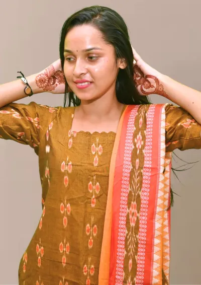 Sambalpuri Suit set Salwar Suit Set (Ethnic Ikat Style)mustard brown, orange, and red combination(STITCHED)