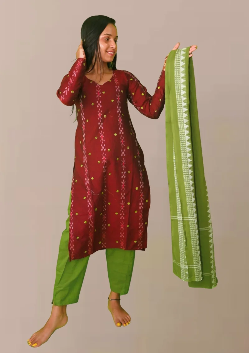 Sambalpuri Suit set Salwar Suit Set (Ethnic Ikat Style)maroon and green combination(STITCHED)