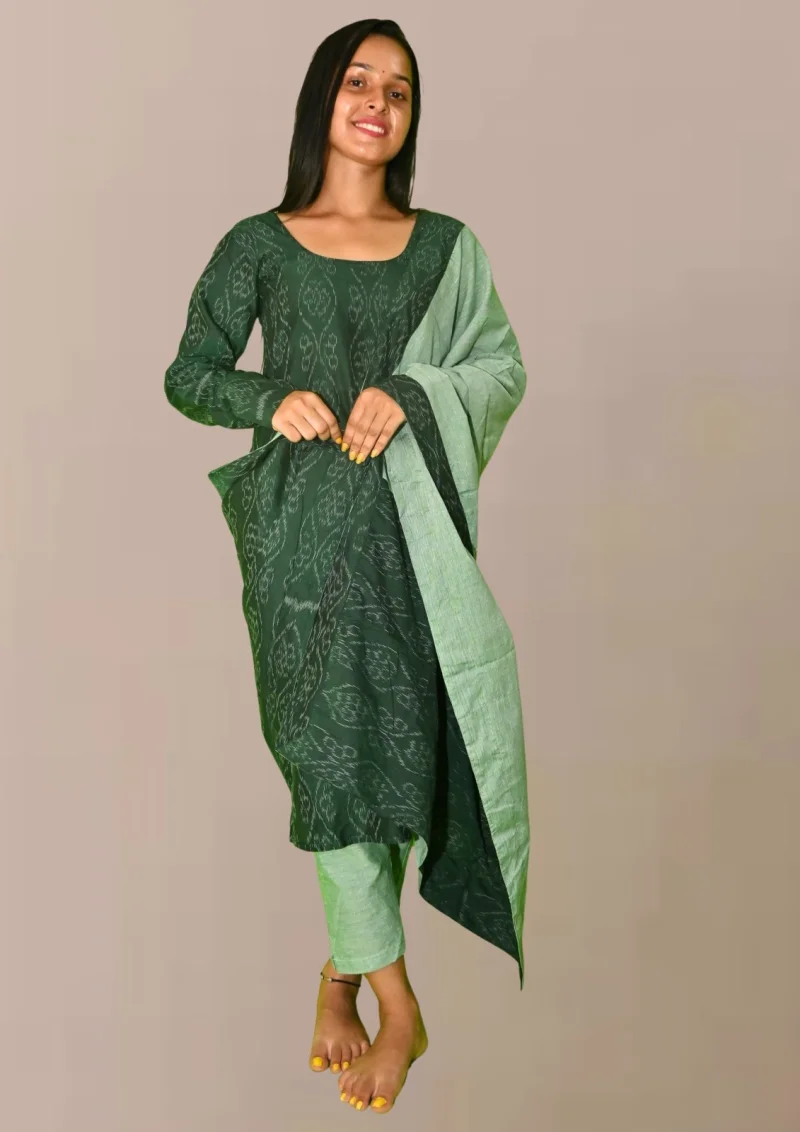 Sambalpuri Suit set Salwar Suit Set (Green Ikat Cotton Ensemble)green-on-green contrast(STITCHED)