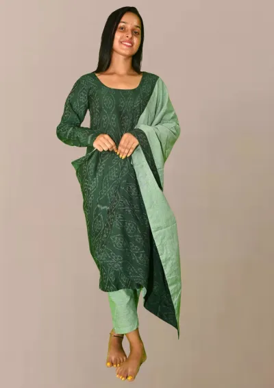 Sambalpuri Suit set Salwar Suit Set (Green Ikat Cotton Ensemble)green-on-green contrast(STITCHED)