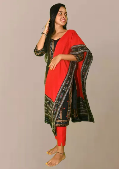 Sambalpuri Suit set Salwar Suit Set (Black & Red Ikat Cotton Ensemble)black and red combination(STITCHED)