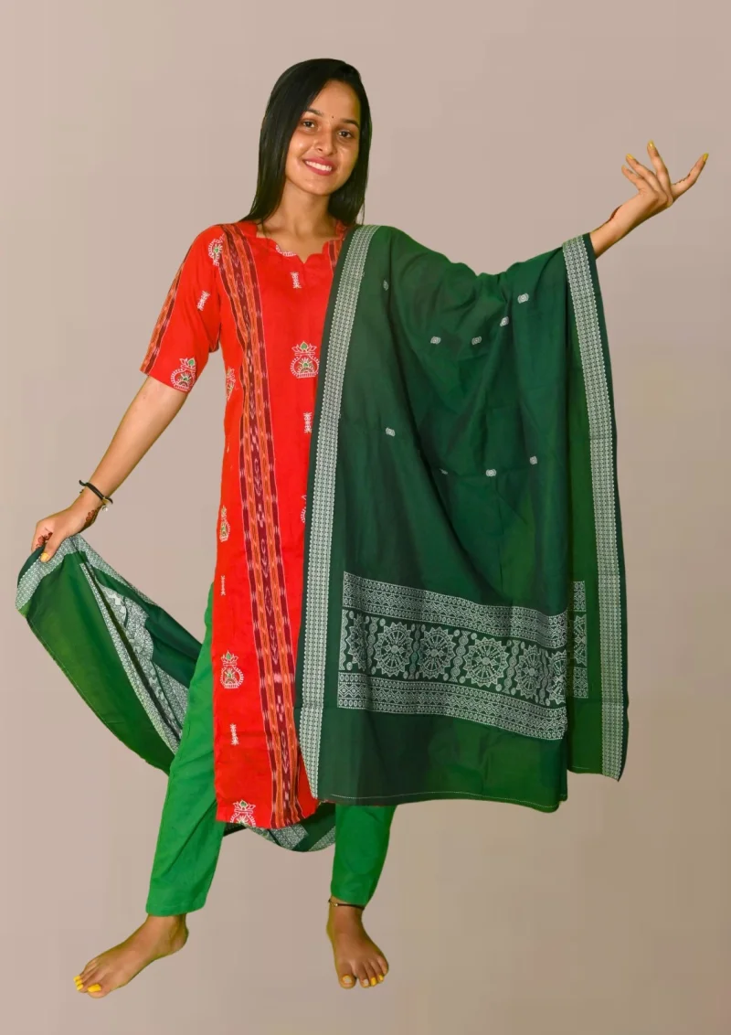 Sambalpuri Suit set Salwar Suit Set (Red & Green Ikat Cotton Ensemble)red and green color combination(STITCHED)